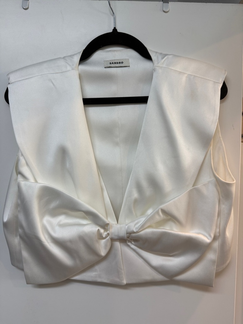 Sandro White Satin V-Neck Sleeveless Top with Front Bow